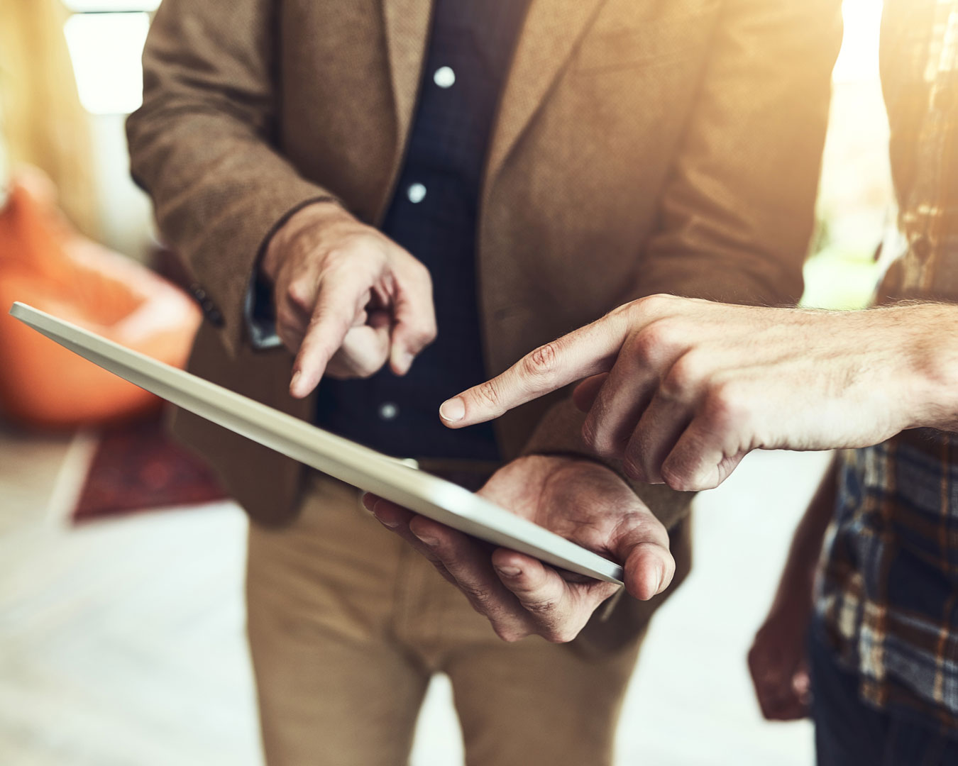 Business people, hands and tablet in office for collaboration, c